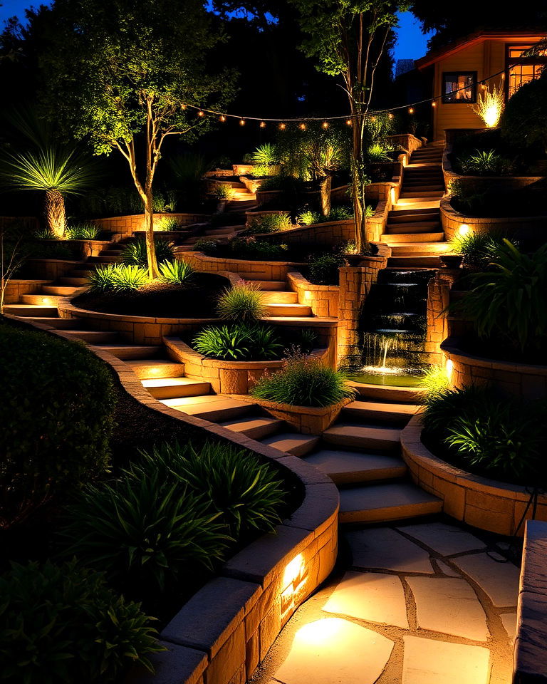 placed lighting turns a terraced garden - 30 Terraced Garden Ideas