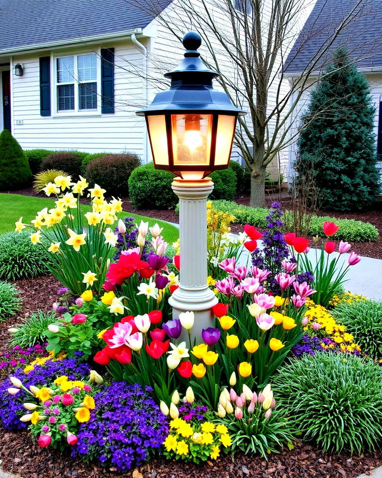 plant seasonal bulbs lamp post landscaping - 15 Front Yard Lamp Post Landscaping Ideas