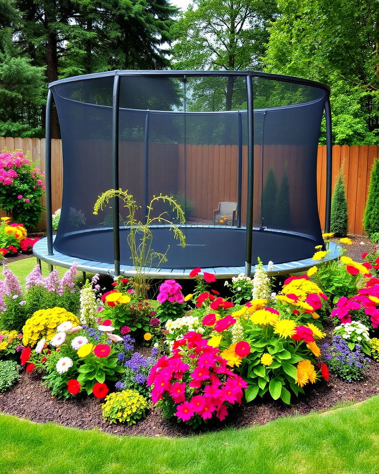 plant vibrant flower beds nearby trampoline - 15 Trampoline Landscaping Ideas