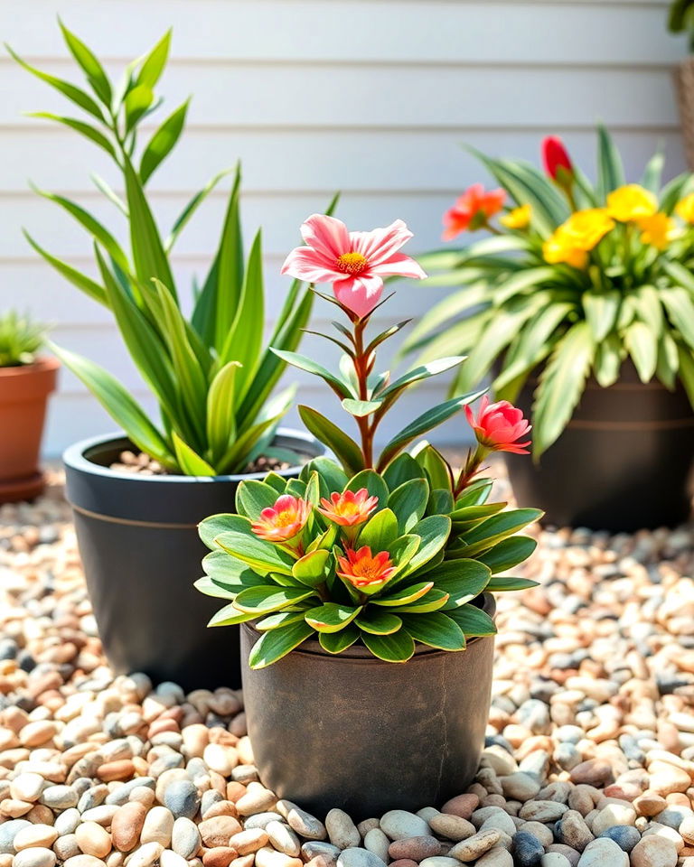 planters with pebble accents - 15 Mexican Beach Pebbles Landscaping Ideas