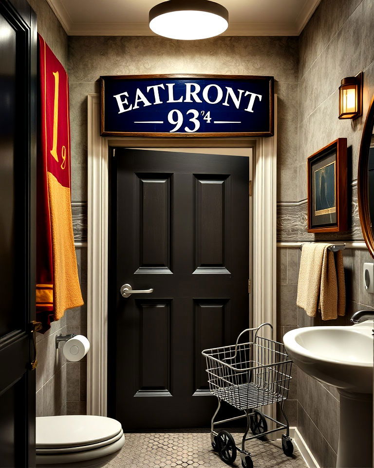 platform 9 entrance sign above bathroom door - 25 Harry Potter Bathroom Ideas