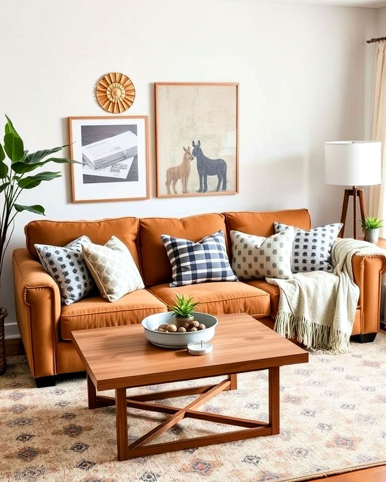 playful patterns and textures living room - 15 Tan Sofa Living Room Ideas
