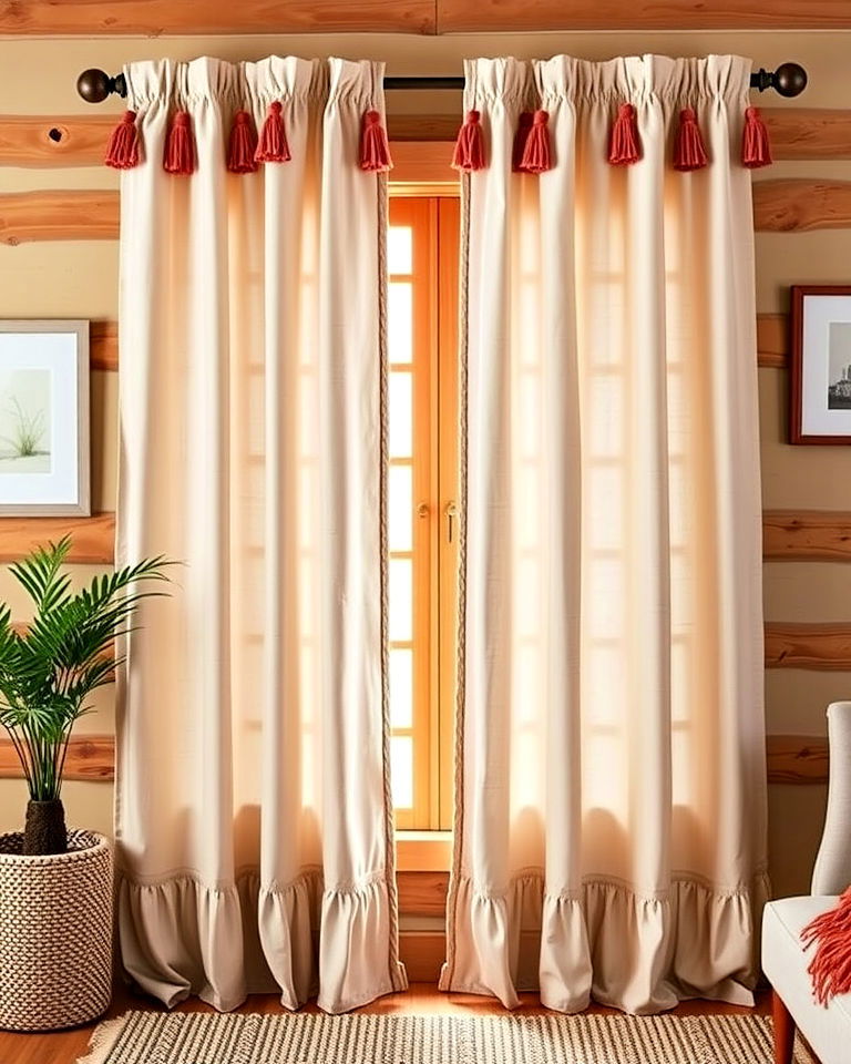 playful tassel trimmed curtains - 15 Cabin Curtains Ideas