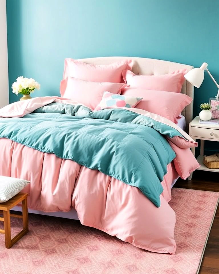 playful teal and pink bedding layers - 25 Teal and Pink Bedroom Ideas-captions