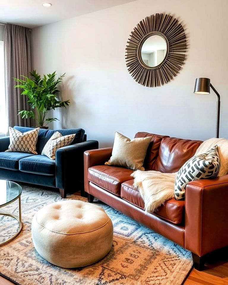 plush velvet sofa paired with a sleek leather couch - 15 Mismatched Sofas in Living Room Ideas