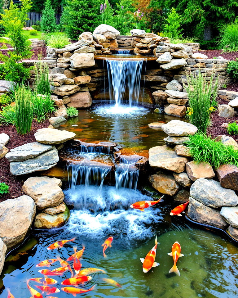 pondless waterfall leading to koi pond - 15 Koi Pond Ideas With Waterfall
