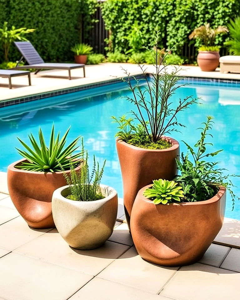 poolside area into a gallery with sculptural planters - 25 Pool Planter Ideas