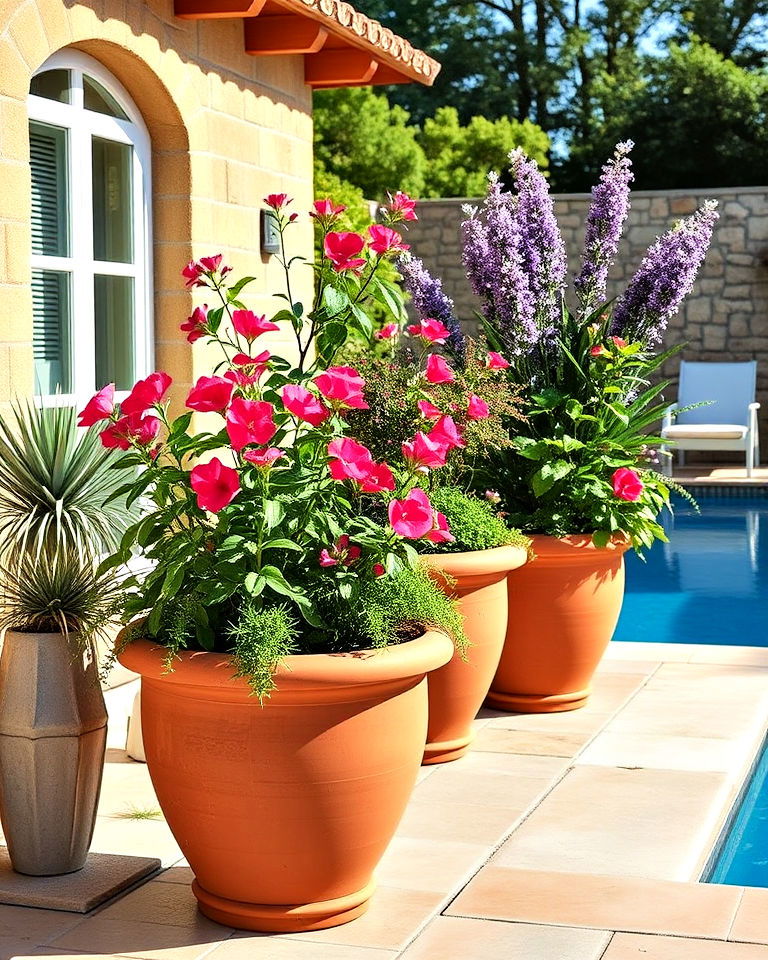 poolside area with terracotta planters - 25 Pool Planter Ideas