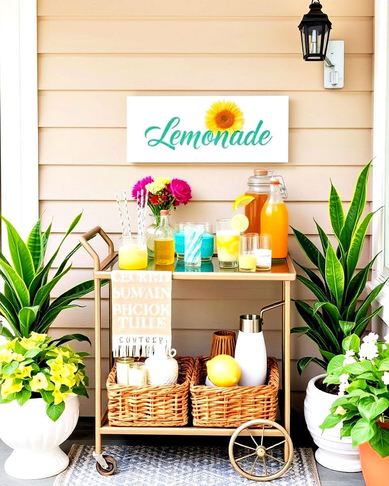 porch into a summer beverage station with a bar cart - 25 Summer Front Porch Decor Ideas