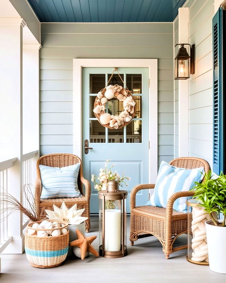 porch with coastal inspired decor - 25 Summer Front Porch Decor Ideas