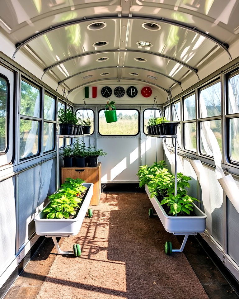 portable planters for easy rearrangement - 15 School Bus Greenhouse Ideas
