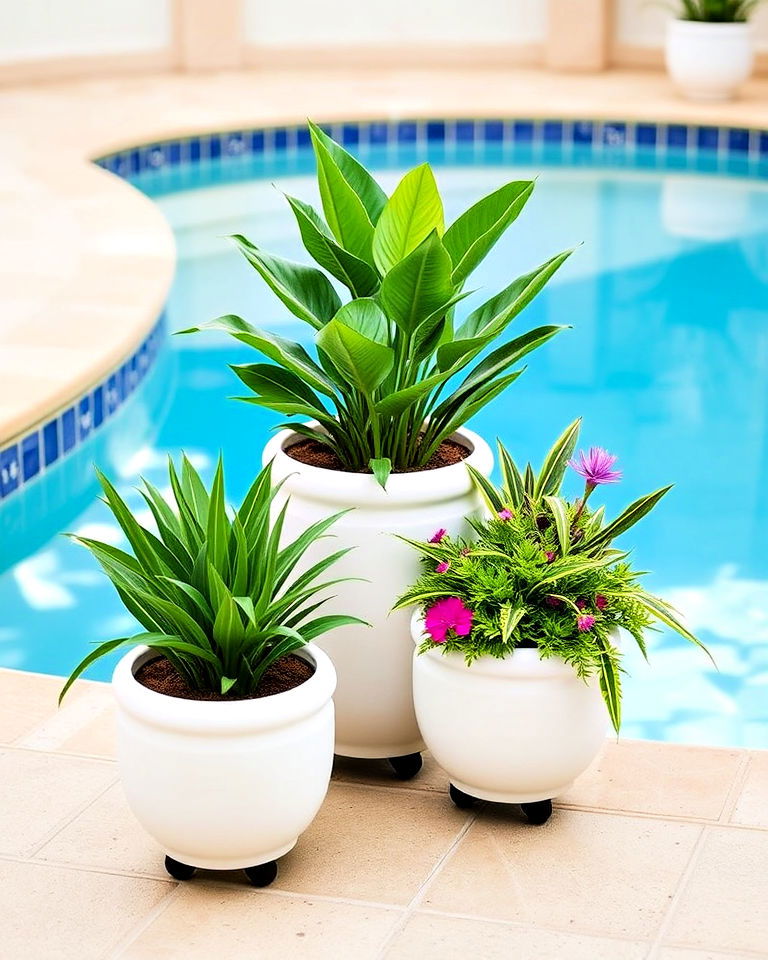 portable planters for flexible arrangements - 25 Pool Planter Ideas