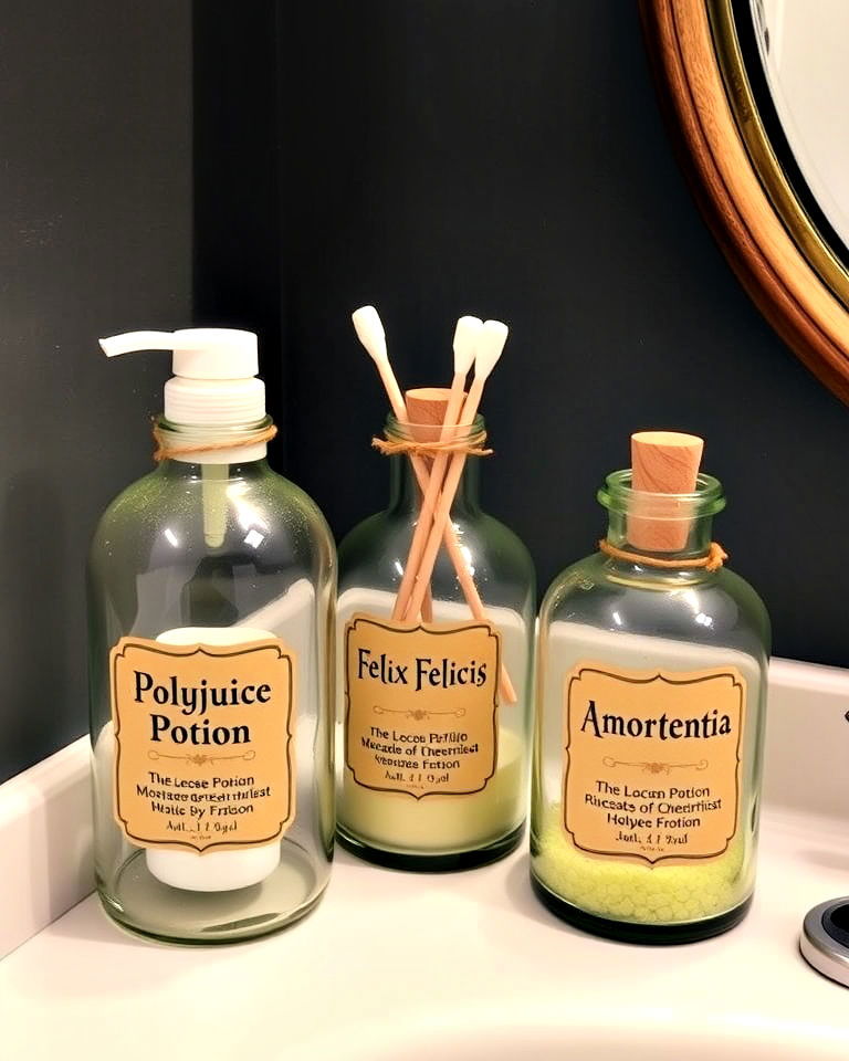 potion bottles as storage for bathroom - 25 Harry Potter Bathroom Ideas