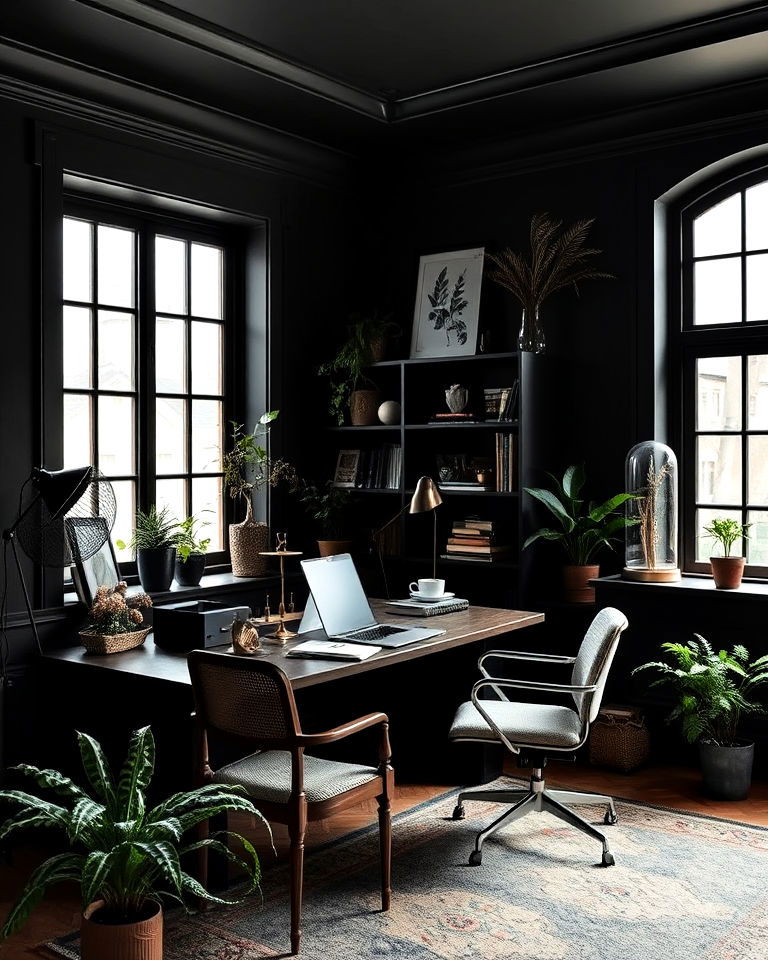 potted plants and botanicals study room - 15 Dark Academia Study Room Ideas