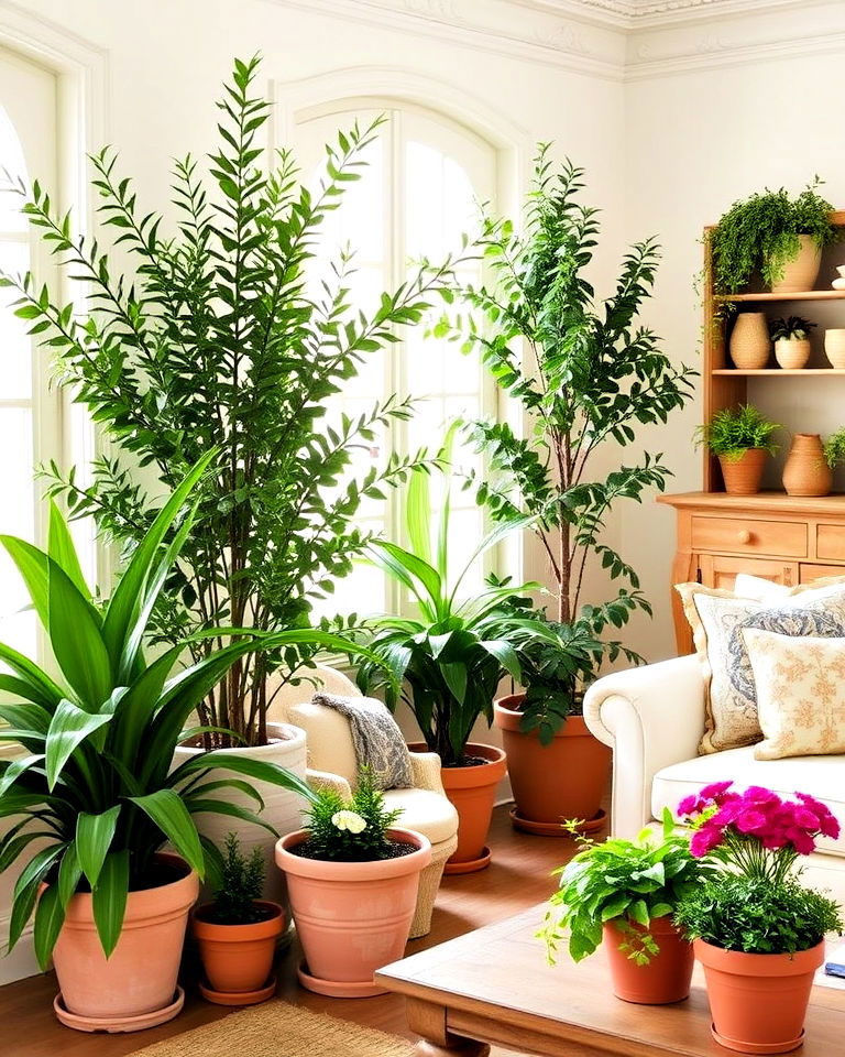 potted plants for a fresh lively touch in a french country living room - 30 French Country Living Room Ideas