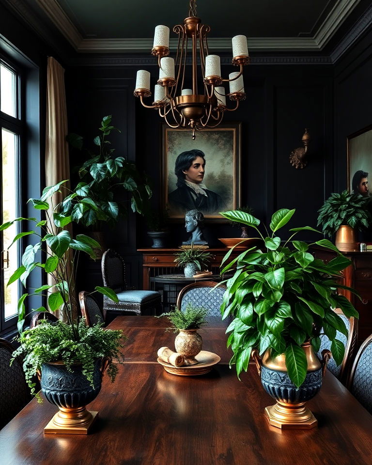 potted plants in antique planters dining room - 15 Dark Academia Dining Room Ideas