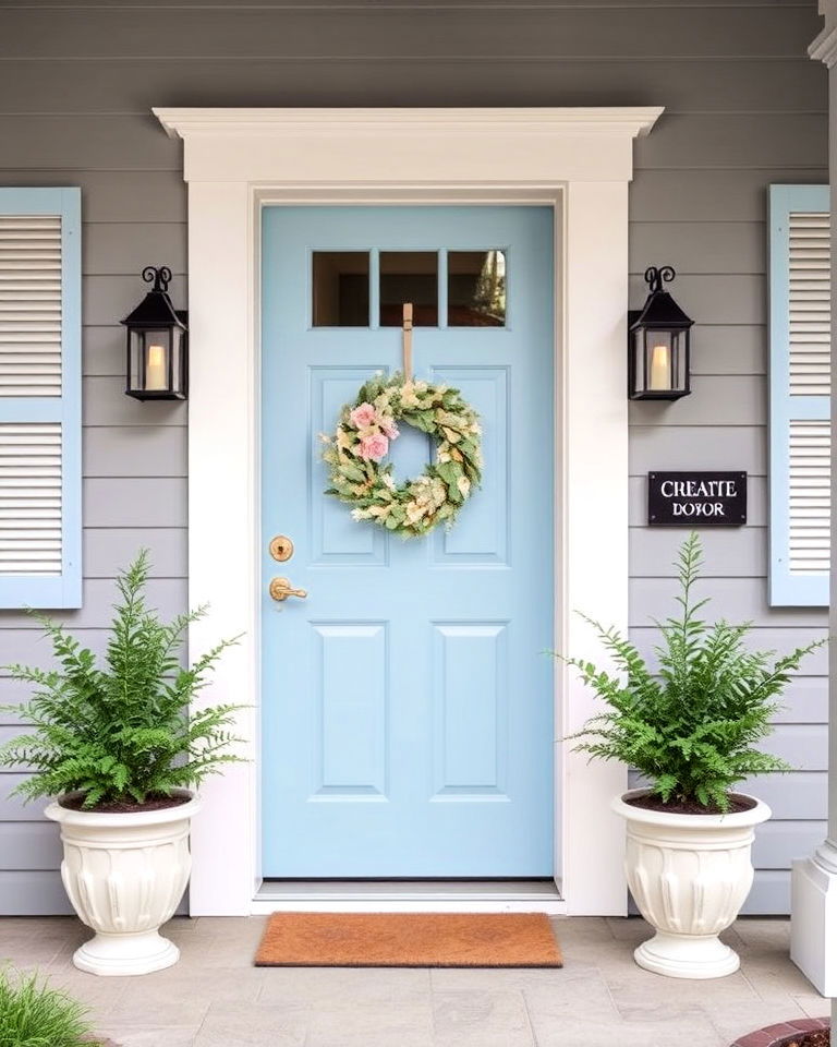 powder blue for a soft inviting look - 25 Grey House With Blue Door Ideas