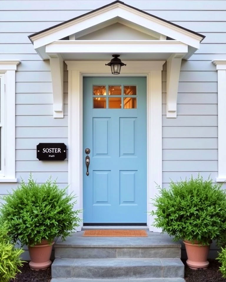 powder blue for a soft touch - 25 Grey House With Blue Door Ideas
