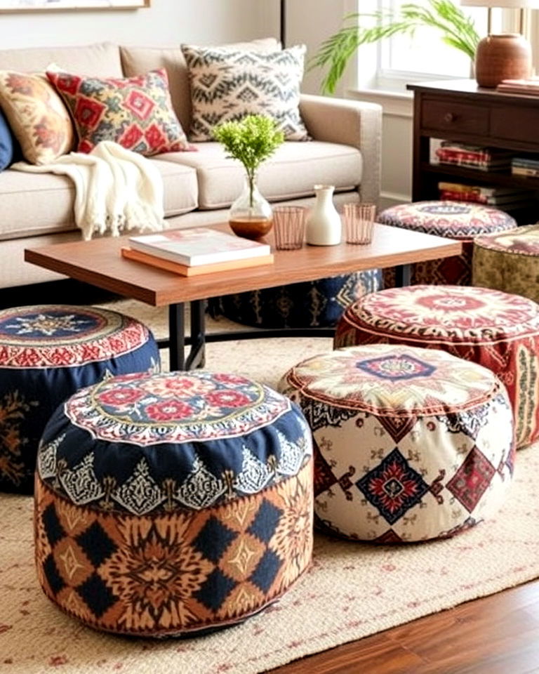 practical and stylish patterned poufs - 30 Floor Seating Ideas