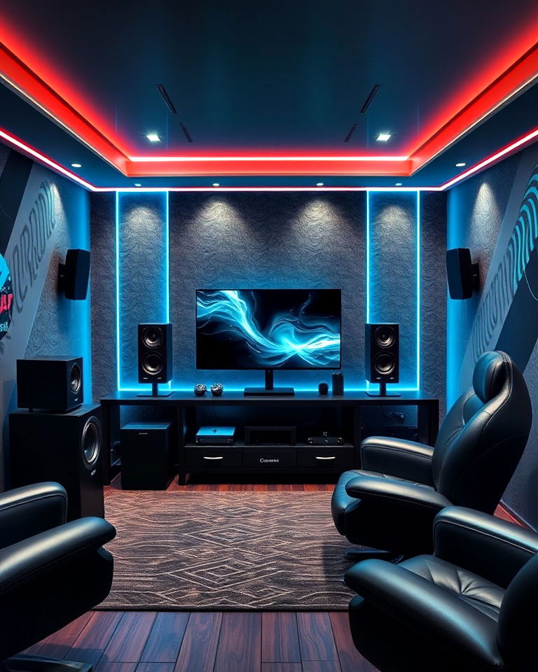 premium surround sound system - 20 Gaming Man Cave Ideas