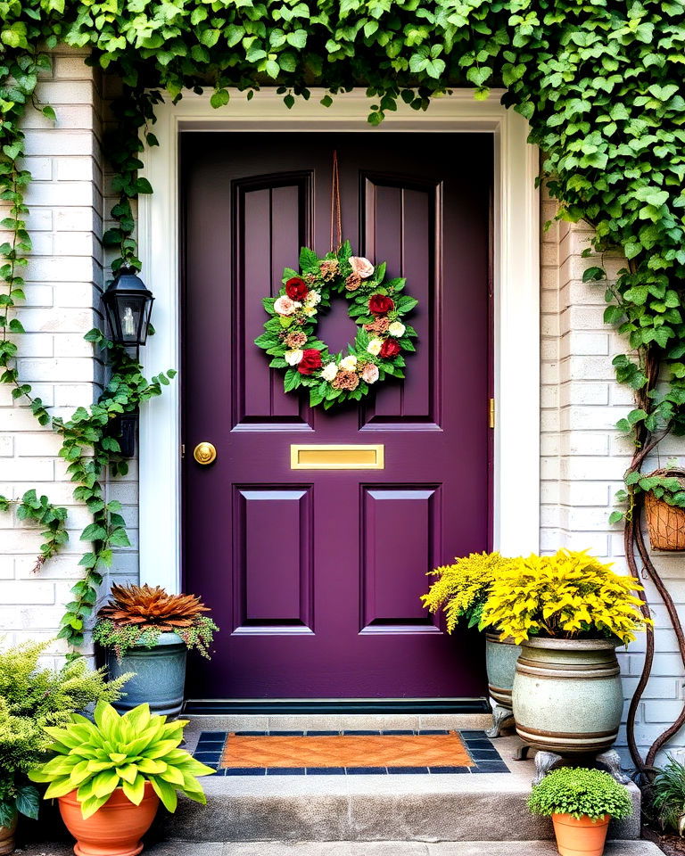 purple and greenery combination front door - 15 Dark Purple Front Door Ideas