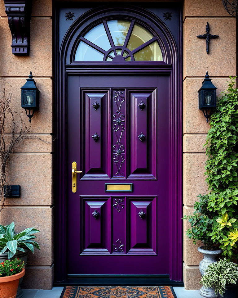 purple door with patterned details - 15 Dark Purple Front Door Ideas