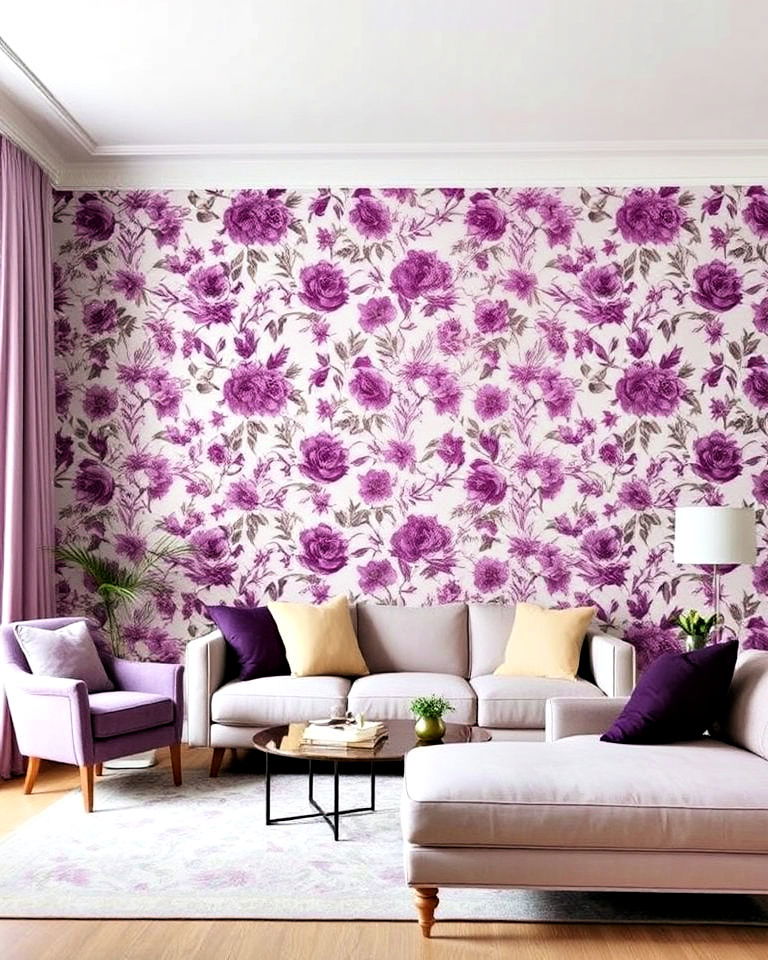 purple floral wallpaper for living room - 15 Purple Interior Design Ideas