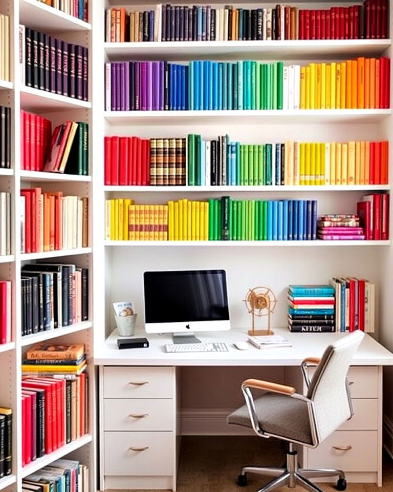 rainbow bookshelf office design - 30 Colorful Home Office Ideas