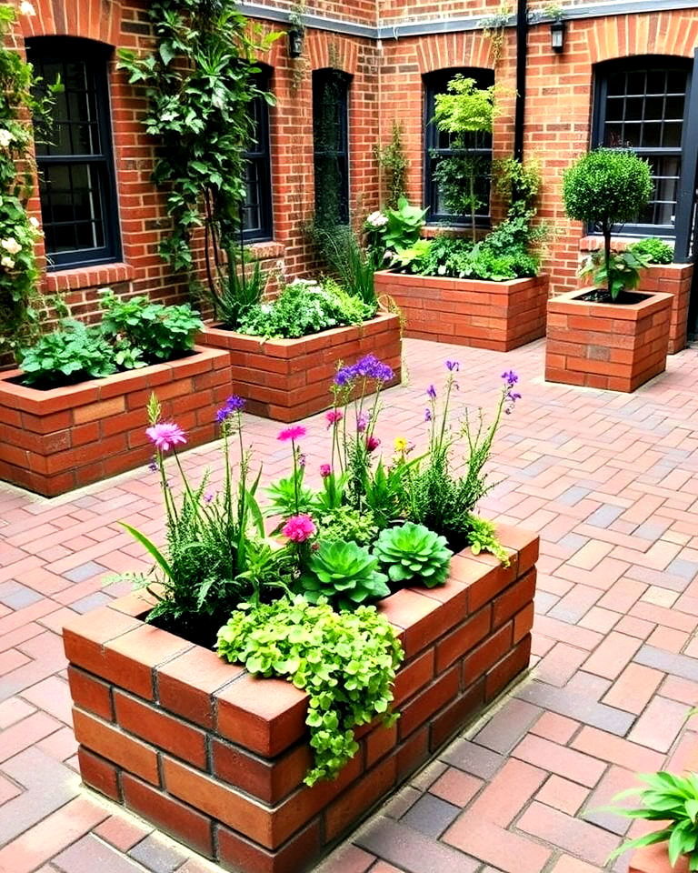 raised brick courtyard planters - 15 Brick Courtyard Ideas