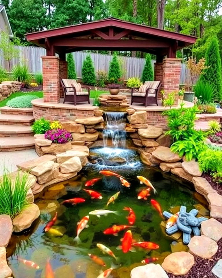 raised koi pond with cascading waterfall - 15 Koi Pond Ideas With Waterfall
