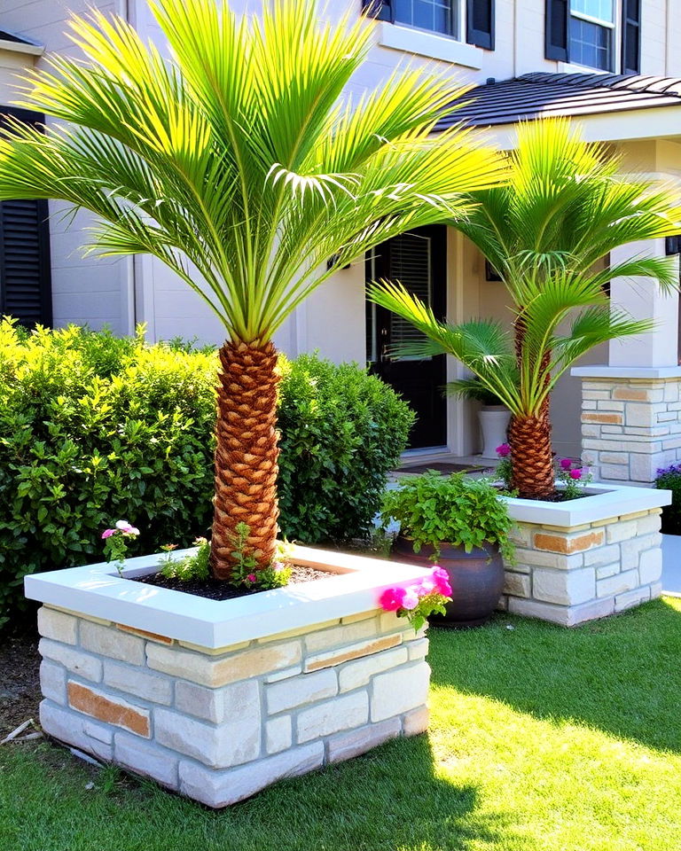 raised palm planter beds - 25 Front Yard Palm Tree Landscape Design Ideas