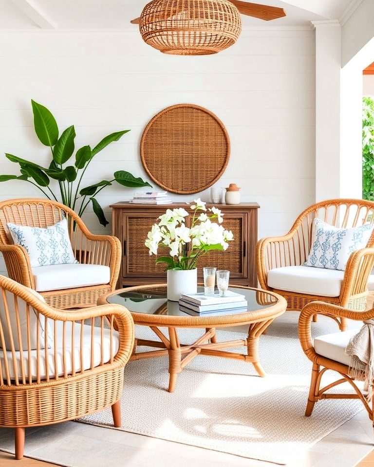 rattan and wicker furniture coastal design - 30 Coastal Interior Design Ideas