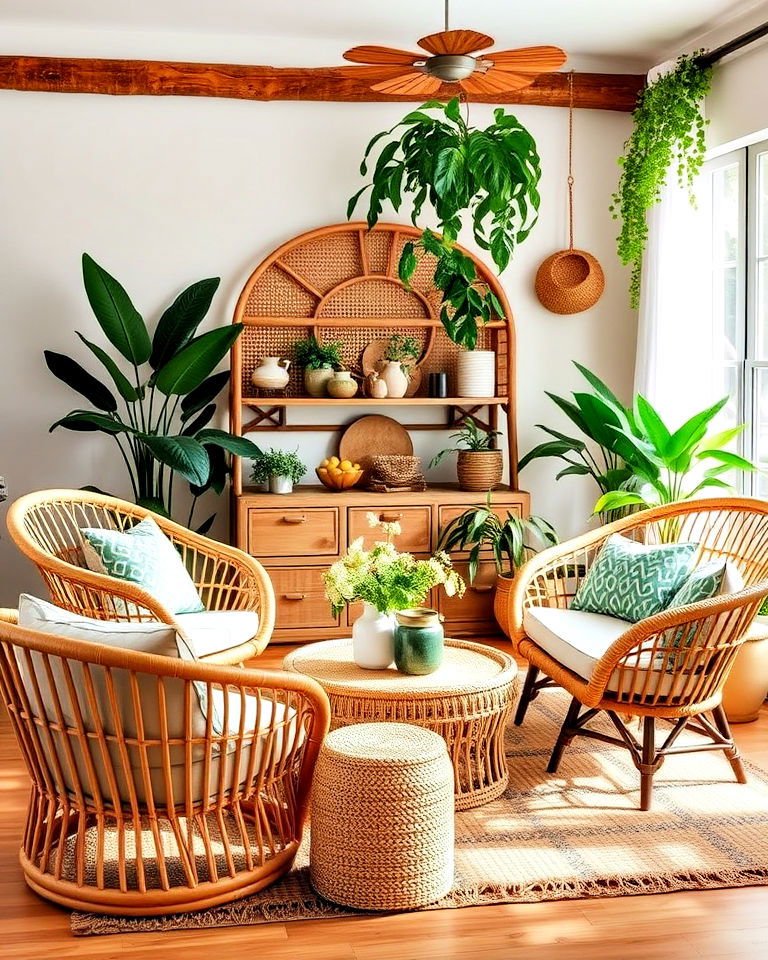 rattan and wicker furniture for your living room - 15 Boho Jungle Living Room Ideas