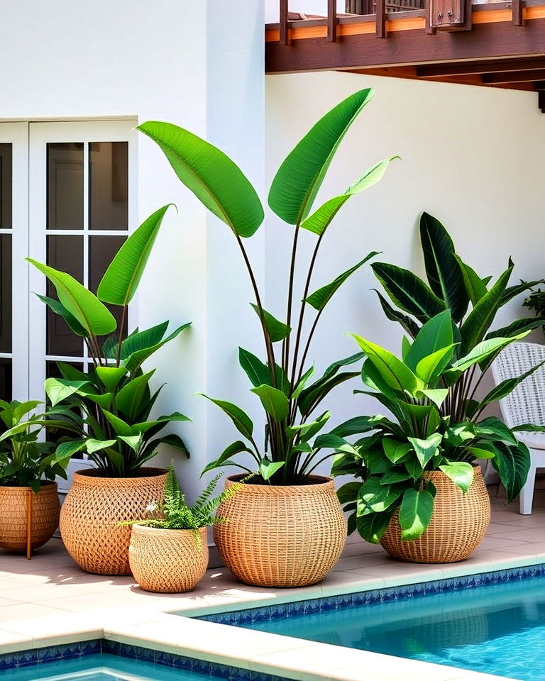 rattan pool planters - 25 Pool Planter Ideas
