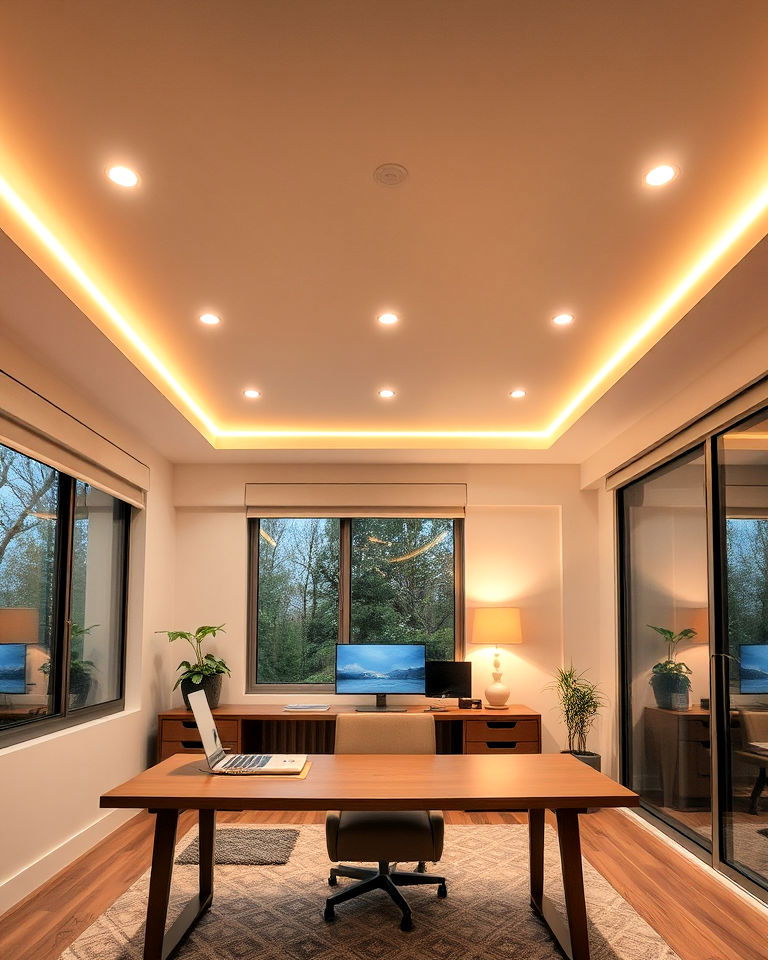 recessed lighting across the ceiling home office - 25 Contemporary Home Office Ideas