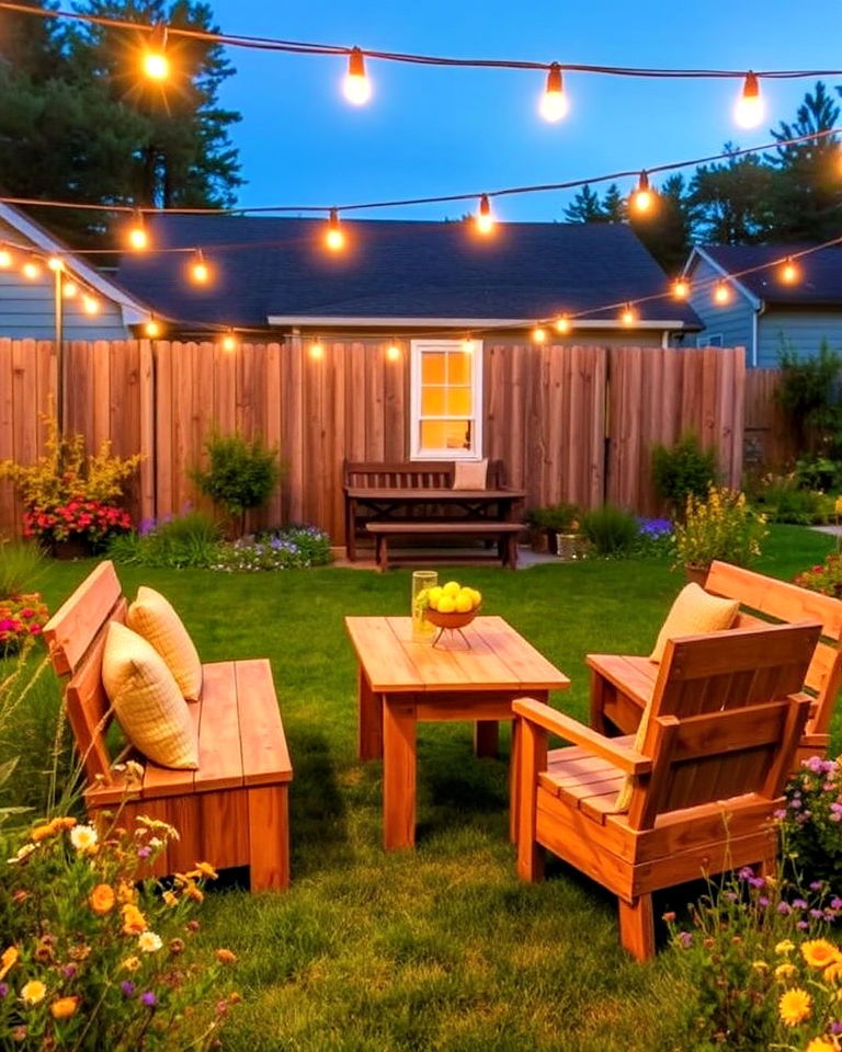 reclaimed wood furniture with string lights - 25 Front Yard Sitting Area Ideas