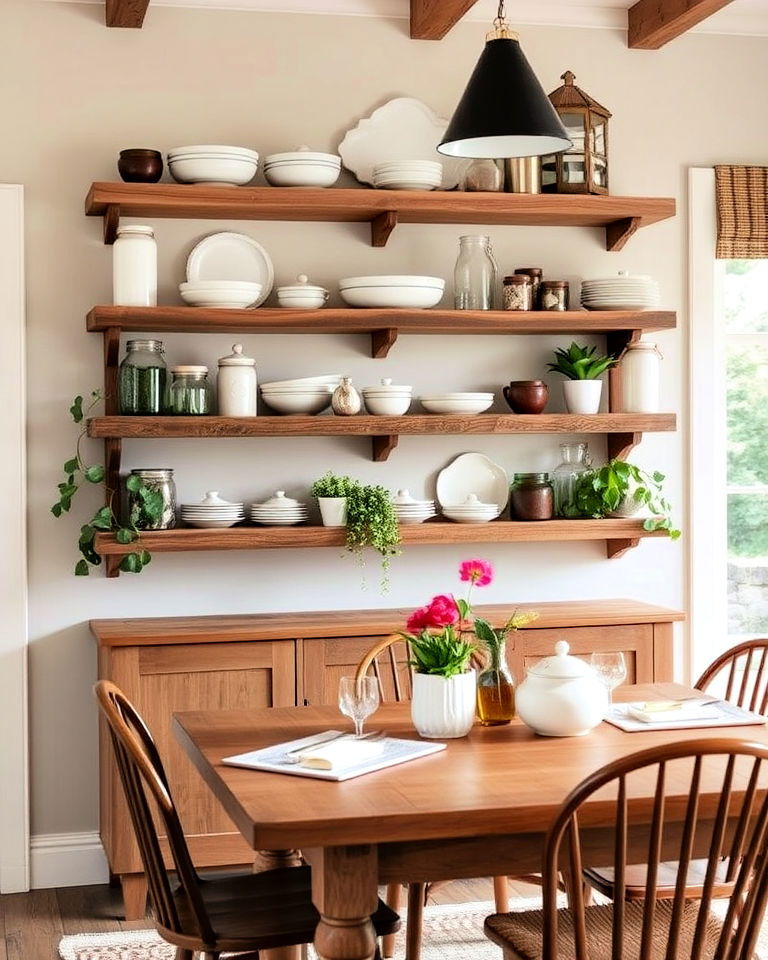 reclaimed wood shelves cottagecore dining room - 40 Cottagecore Dining Room Ideas