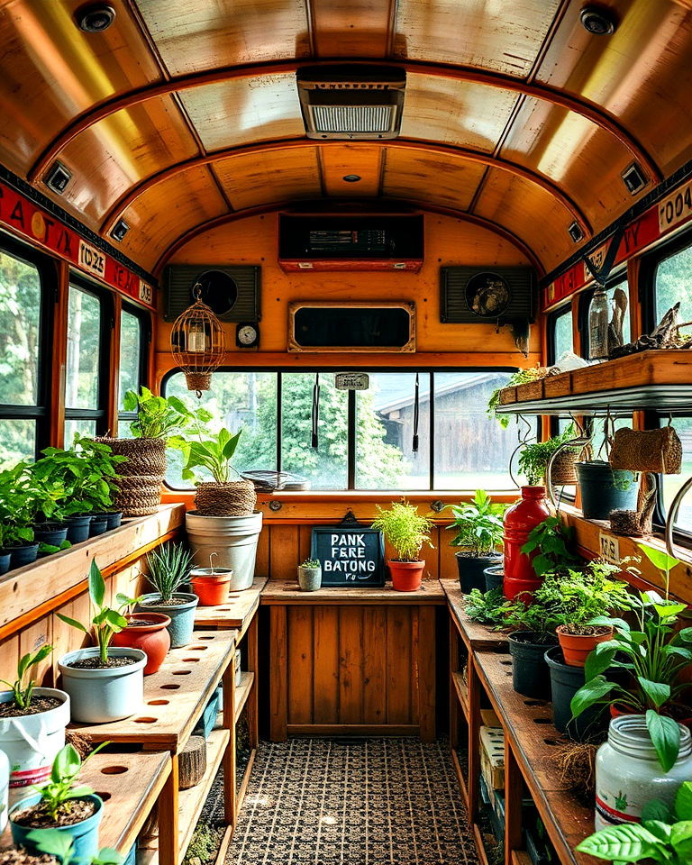 recycled materials for interior design - 15 School Bus Greenhouse Ideas