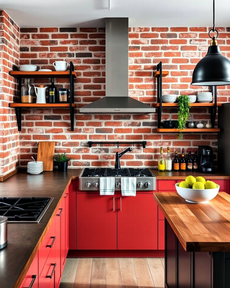 red brick backsplash for industrial style kitchen - 25 Kitchen With Brick Backsplash Ideas