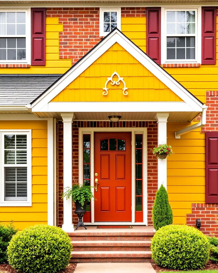 red brick exterior with vibrant yellow vinyl siding - 20 Vinyl Siding and Brick Combinations