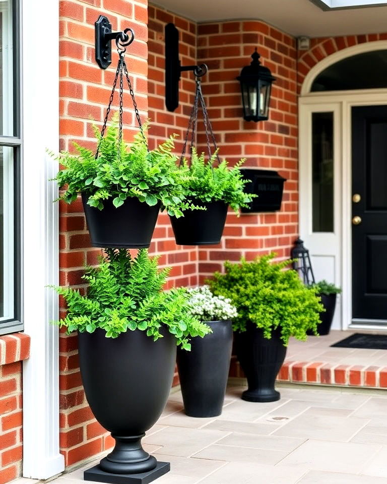 red brick facade with black planters and decor - 20 Red Brick House with Black Trim Design Ideas
