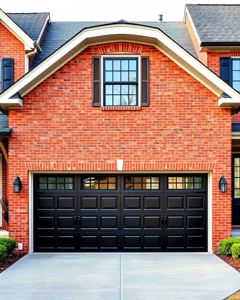 red brick house exterior with black garage doors - 20 Red Brick House with Black Trim Design Ideas