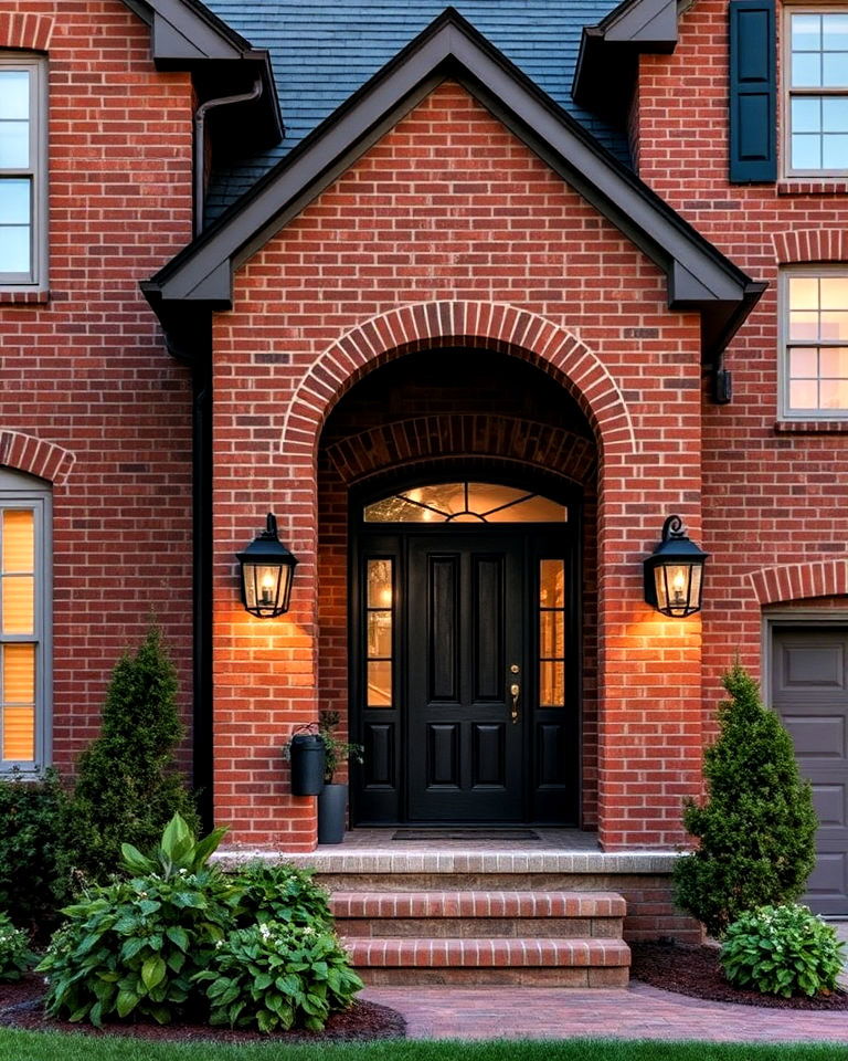 red brick house with black exterior lighting - 20 Red Brick House with Black Trim Design Ideas