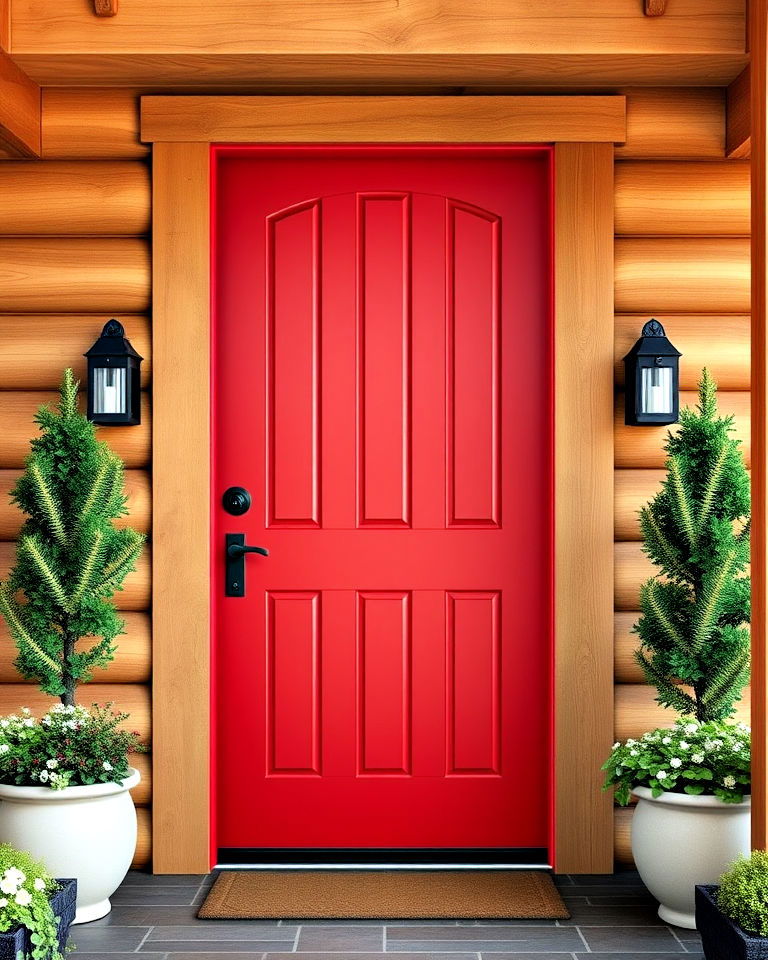 red front door framed with natural wooden elements - 25 Red Front Door Ideas