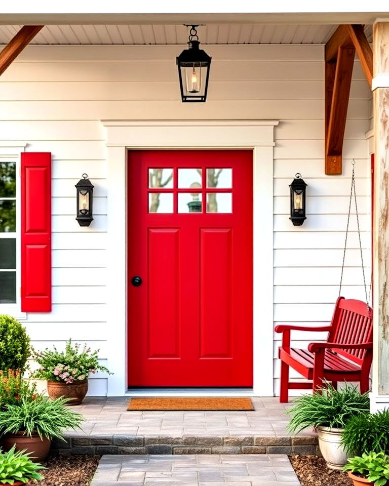 red front door is a hallmark of classic farmhouse style - 25 Red Front Door Ideas