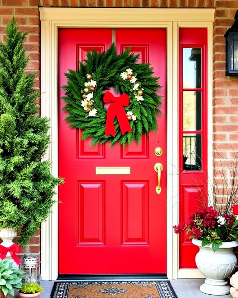 red front door is a natural centerpiece for festive decorations - 25 Red Front Door Ideas