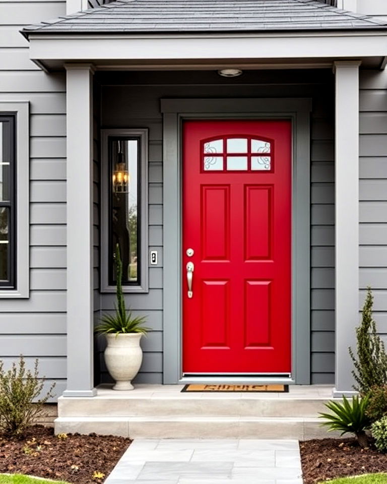 red front door paired with a gray exterior - 25 Red Front Door Ideas