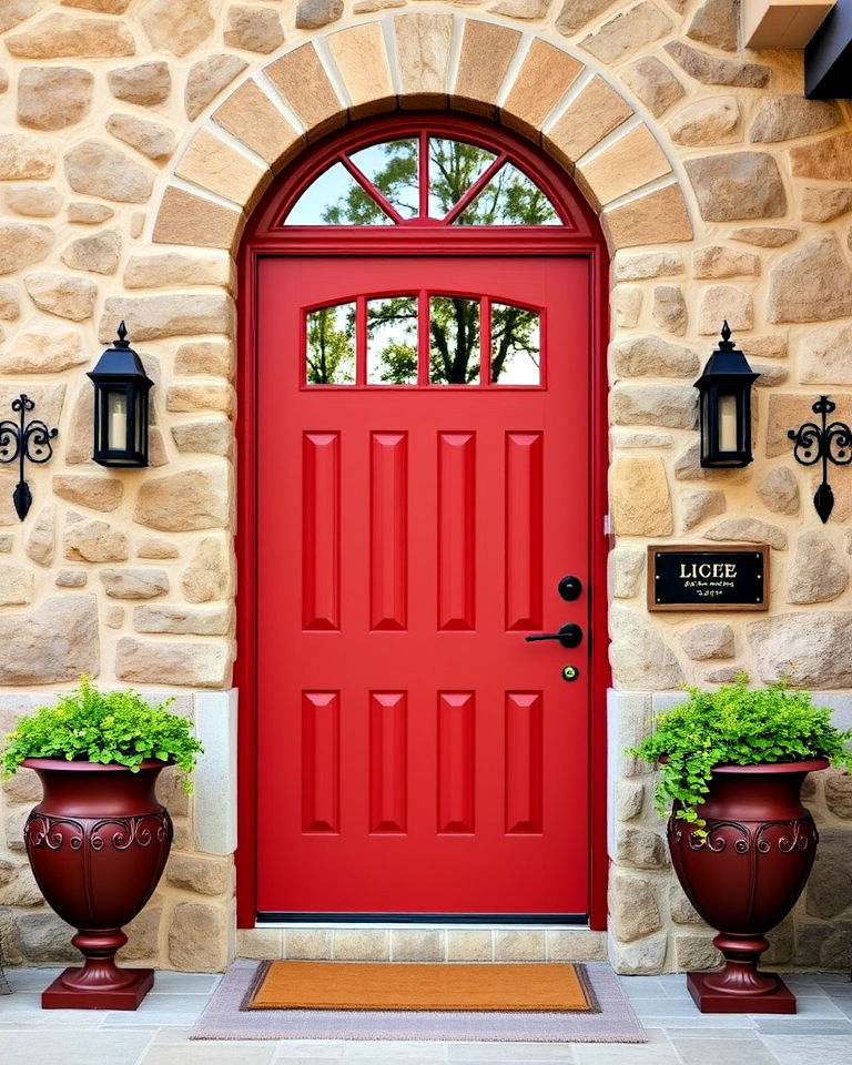 red front door paired with a natural stone - 25 Red Front Door Ideas