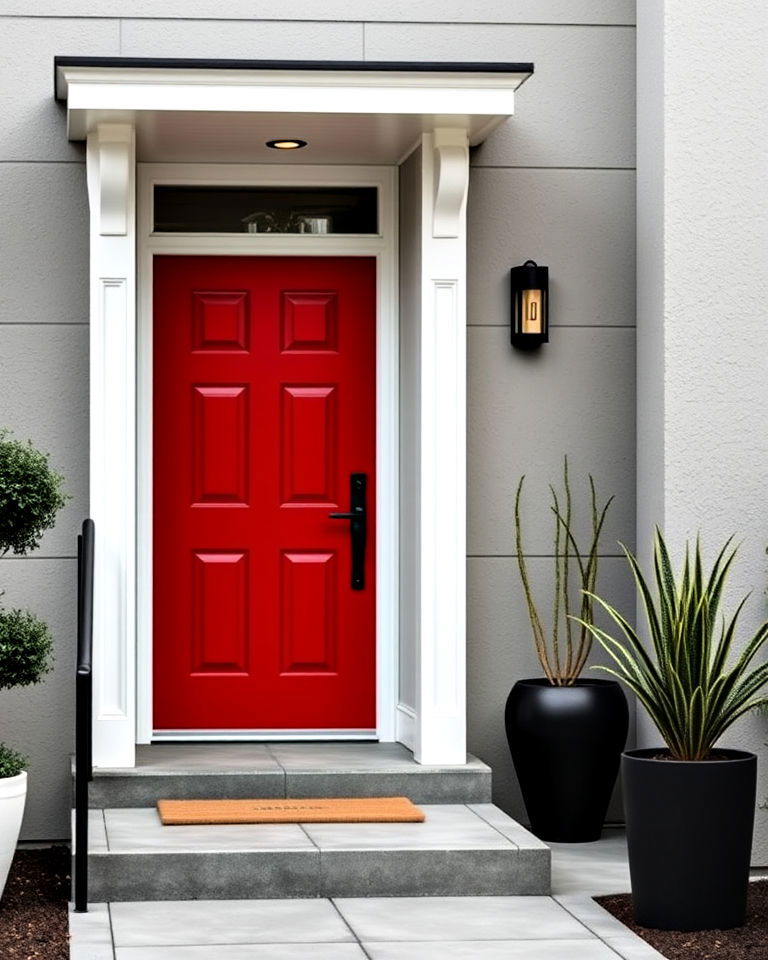 red front door with monochrome accents - 25 Red Front Door Ideas