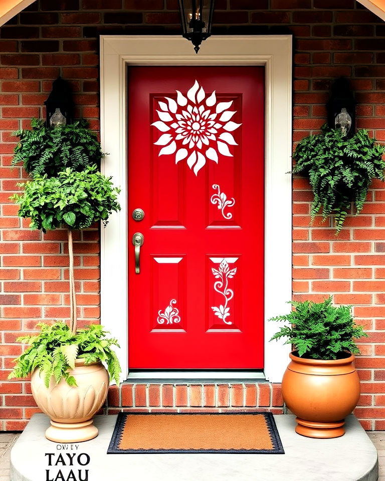 red front door with stenciled designs for an artistic touch - 25 Red Front Door Ideas